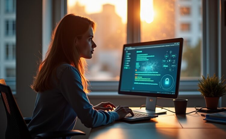 In einem modernen, hell erleuchteten Büro sitzt eine konzentrierte IT-Fachkraft am Laptop, umgeben von warmem Tageslicht und stilvoller Technik, während auf dem Bildschirm dezente Hinweise auf Cybersecurity und digitale Sicherheit erkennbar sind – ein einladendes, authentisches Bild, das Vertrauen und Wachsamkeit im Umgang mit Softwareaktivierungen vermittelt.