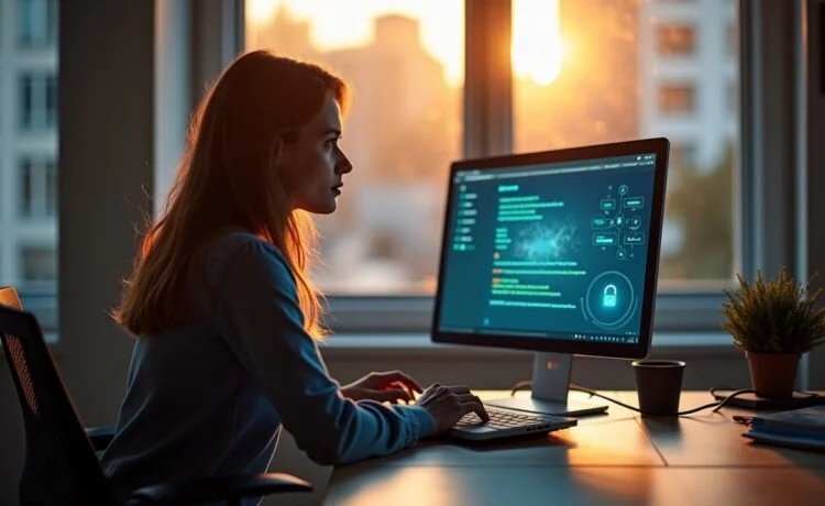 In einem modernen, hell erleuchteten Büro sitzt eine konzentrierte IT-Fachkraft am Laptop, umgeben von warmem Tageslicht und stilvoller Technik, während auf dem Bildschirm dezente Hinweise auf Cybersecurity und digitale Sicherheit erkennbar sind – ein einladendes, authentisches Bild, das Vertrauen und Wachsamkeit im Umgang mit Softwareaktivierungen vermittelt.