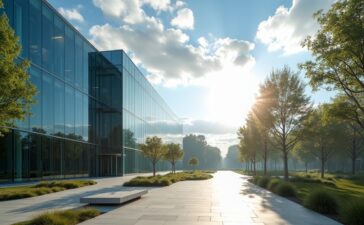 Ein strahlend heller, klarer Morgen auf einem modernen Tech-Campus in Kalifornien, wo vor einer Glasfassade zwischen grünen Bäumen und blauen Himmel kraftvoll und zugleich harmonisch ein futuristisches Rechenzentrum und sanft dampfende, metallisch glänzende, modular gebaute Atomreaktor-Module im natürlichen Sonnenlicht zu sehen sind – ein Bild voller Zuversicht und Aufbruchsstimmung zwischen digitaler Innovation und nachhaltiger Energiewende.