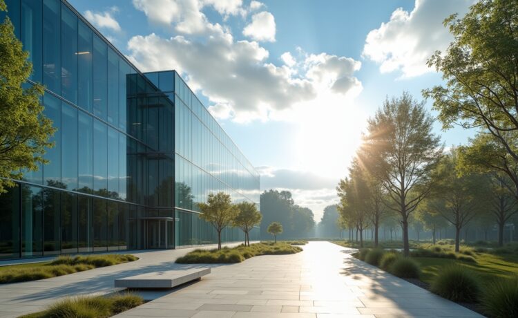 Ein strahlend heller, klarer Morgen auf einem modernen Tech-Campus in Kalifornien, wo vor einer Glasfassade zwischen grünen Bäumen und blauen Himmel kraftvoll und zugleich harmonisch ein futuristisches Rechenzentrum und sanft dampfende, metallisch glänzende, modular gebaute Atomreaktor-Module im natürlichen Sonnenlicht zu sehen sind – ein Bild voller Zuversicht und Aufbruchsstimmung zwischen digitaler Innovation und nachhaltiger Energiewende.