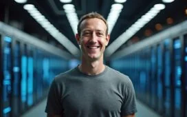 Mark Zuckerberg steht mit einem warmen Lächeln vor einem hell erleuchteten, modernen Tech-Büro, umgeben von Bildschirmen und Hightech-Servern, die im natürlichen Tageslicht strahlen und eine inspirierende Atmosphäre für Metas bahnbrechende Milliardeninvestition in Künstliche Intelligenz schaffen.