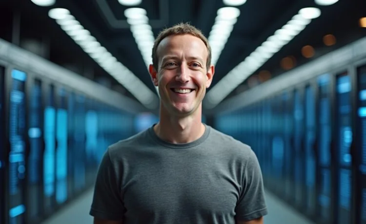 Mark Zuckerberg steht mit einem warmen Lächeln vor einem hell erleuchteten, modernen Tech-Büro, umgeben von Bildschirmen und Hightech-Servern, die im natürlichen Tageslicht strahlen und eine inspirierende Atmosphäre für Metas bahnbrechende Milliardeninvestition in Künstliche Intelligenz schaffen.