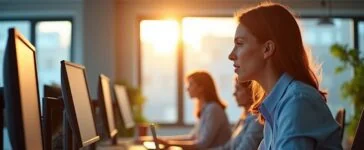 Ein hell erleuchtetes, modern eingerichtetes Büro mit entspannt arbeitenden IT-Experten vor mehreren Bildschirmen, die konzentriert und zuversichtlich ein dringendes Microsoft Office Sicherheitsupdate installieren, wobei warmes Tageslicht sanft durch große Fenster fällt und eine professionelle, vertrauensvolle Atmosphäre schafft.