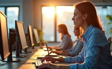 Ein hell erleuchtetes, modern eingerichtetes Büro mit entspannt arbeitenden IT-Experten vor mehreren Bildschirmen, die konzentriert und zuversichtlich ein dringendes Microsoft Office Sicherheitsupdate installieren, wobei warmes Tageslicht sanft durch große Fenster fällt und eine professionelle, vertrauensvolle Atmosphäre schafft.