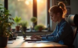 Eine helle, einladende Büroszene bei Tageslicht, in der eine konzentrierte Fachkraft am Laptop die E-Mail-Eingangsliste mit sensiblen Microsoft-Phishing-Mails überprüft, umgeben von moderner Technik und einem warmen, lichtdurchfluteten Raum voller natürlicher Farben und realer Details, die Vertrauen, Wachsamkeit und digitale Sicherheit vermitteln.