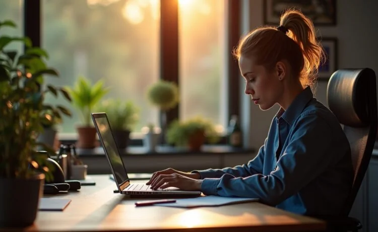 Eine helle, einladende Büroszene bei Tageslicht, in der eine konzentrierte Fachkraft am Laptop die E-Mail-Eingangsliste mit sensiblen Microsoft-Phishing-Mails überprüft, umgeben von moderner Technik und einem warmen, lichtdurchfluteten Raum voller natürlicher Farben und realer Details, die Vertrauen, Wachsamkeit und digitale Sicherheit vermitteln.