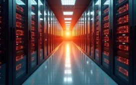 Ein warm ausgeleuchtetes, hochmodernes Rechenzentrum mit glänzenden Server-Racks, in denen die neueste KI-Hardware steckt, umgeben von natürlich wirkendem Tageslicht, das die zukunftsweisende Technik und den Innovationsgeist von Microsofts Maia 200 lebendig und einladend in Szene setzt.