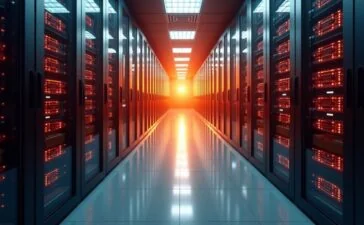 Ein warm ausgeleuchtetes, hochmodernes Rechenzentrum mit glänzenden Server-Racks, in denen die neueste KI-Hardware steckt, umgeben von natürlich wirkendem Tageslicht, das die zukunftsweisende Technik und den Innovationsgeist von Microsofts Maia 200 lebendig und einladend in Szene setzt.