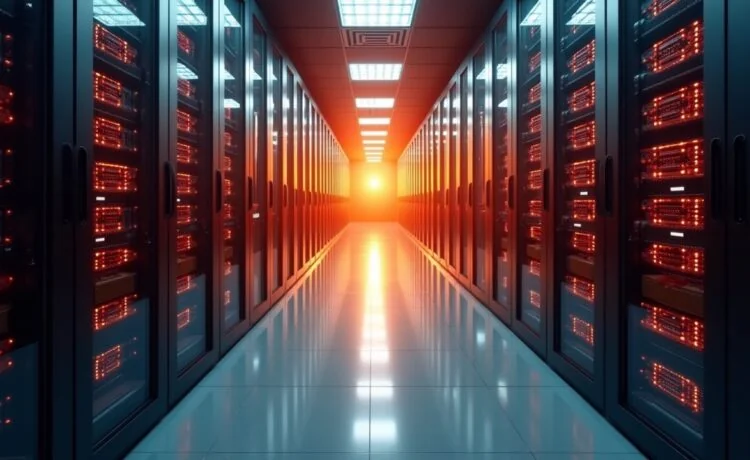 Ein warm ausgeleuchtetes, hochmodernes Rechenzentrum mit glänzenden Server-Racks, in denen die neueste KI-Hardware steckt, umgeben von natürlich wirkendem Tageslicht, das die zukunftsweisende Technik und den Innovationsgeist von Microsofts Maia 200 lebendig und einladend in Szene setzt.