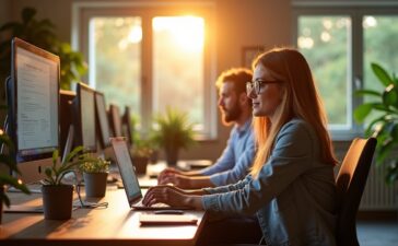 Ein sonnendurchflutetes, modernes Büro mit konzentrierten IT-Experten, die in entspannter Atmosphäre an Bildschirmen arbeiten, umgeben von warmen Holztönen und lebendigem Grün, das die Transformation hin zu vernetzten, cloudbasierten Technologien symbolisiert.