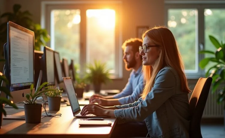 Ein sonnendurchflutetes, modernes Büro mit konzentrierten IT-Experten, die in entspannter Atmosphäre an Bildschirmen arbeiten, umgeben von warmen Holztönen und lebendigem Grün, das die Transformation hin zu vernetzten, cloudbasierten Technologien symbolisiert.