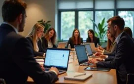 Ein heller, freundlicher Konferenzraum mit international gekleideten Fachleuten, die konzentriert an Laptops über digitale Sicherheitsstrategien diskutieren, umgeben von moderner Technik und natürlichem Tageslicht, das eine warme, kollegiale Atmosphäre schafft.