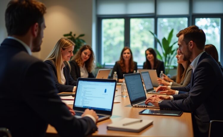 Ein heller, freundlicher Konferenzraum mit international gekleideten Fachleuten, die konzentriert an Laptops über digitale Sicherheitsstrategien diskutieren, umgeben von moderner Technik und natürlichem Tageslicht, das eine warme, kollegiale Atmosphäre schafft.