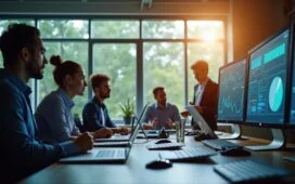 Strahlendes, natürlich beleuchtetes Büro mit einer vielfältigen Gruppe engagierter Fachleute, die lebhaft an modernster KI-Technologie arbeiten, umgeben von Hightech-Computern und digitalen Interfaces, in einem warmen, einladenden Ambiente, das Zukunftsvision und Innovation eindrucksvoll vereint.