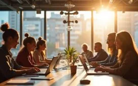 Ein lichtdurchflutetes, modernes Büro mit einem inspirierend lächelnden Team aus multikulturellen Fachleuten, die um einen großen Tisch mit geöffneten Laptops und futuristischer Technologie sitzen, eingefangen in natürlichem Tageslicht, das eine warme, positive Atmosphäre voller Optimismus und Innovationsgeist schafft.