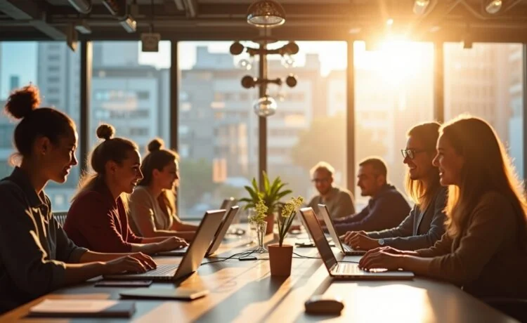 Ein lichtdurchflutetes, modernes Büro mit einem inspirierend lächelnden Team aus multikulturellen Fachleuten, die um einen großen Tisch mit geöffneten Laptops und futuristischer Technologie sitzen, eingefangen in natürlichem Tageslicht, das eine warme, positive Atmosphäre voller Optimismus und Innovationsgeist schafft.