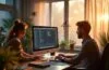 In einem hell erleuchteten, modern gestalteten Kreativstudio arbeiten engagierte Designer und Entwickler entspannt gemeinsam an hochmodernen Computern, während warmes Tageslicht die Szene erfüllt und die Atmosphäre von Innovation, Kollaboration und visionärer Kreativität strahlt.