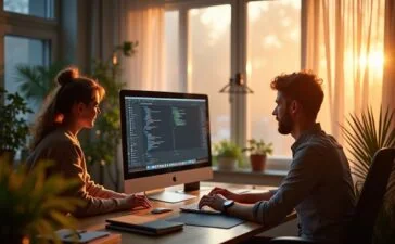 In einem hell erleuchteten, modern gestalteten Kreativstudio arbeiten engagierte Designer und Entwickler entspannt gemeinsam an hochmodernen Computern, während warmes Tageslicht die Szene erfüllt und die Atmosphäre von Innovation, Kollaboration und visionärer Kreativität strahlt.