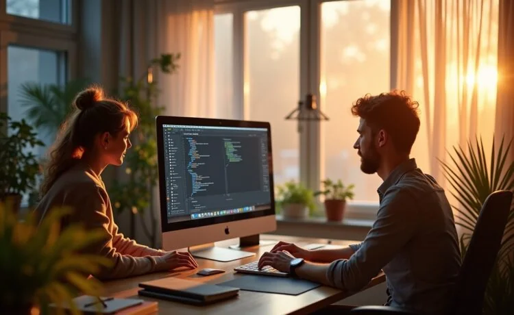 In einem hell erleuchteten, modern gestalteten Kreativstudio arbeiten engagierte Designer und Entwickler entspannt gemeinsam an hochmodernen Computern, während warmes Tageslicht die Szene erfüllt und die Atmosphäre von Innovation, Kollaboration und visionärer Kreativität strahlt.