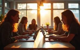 In einem hell erleuchteten, modernen Büroraum tauschen mehrere Entwickler*innen mit offenen Laptops und Notizblöcken angeregt Ideen aus, während durch große Fenster warmes Tageslicht fällt und die freundliche Atmosphäre von kreativer Zusammenarbeit und technischer Innovation lebendig wird.