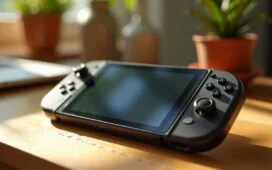 Ein natürlich beleuchtetes, detailreiches Foto eines modernen modularen Handheld-Gaming-Geräts auf einem hellen Holztisch, umgeben von aufgeschraubten Komponenten und einem warmen Sonnenlicht, das eine freundliche Atmosphäre voller Technikbegeisterung, Kreativität und Zukunftsvision schafft.