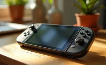 Ein natürlich beleuchtetes, detailreiches Foto eines modernen modularen Handheld-Gaming-Geräts auf einem hellen Holztisch, umgeben von aufgeschraubten Komponenten und einem warmen Sonnenlicht, das eine freundliche Atmosphäre voller Technikbegeisterung, Kreativität und Zukunftsvision schafft.
