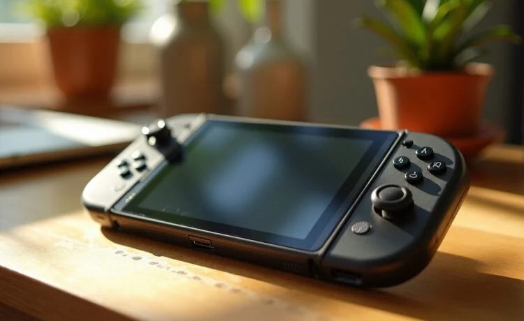Ein natürlich beleuchtetes, detailreiches Foto eines modernen modularen Handheld-Gaming-Geräts auf einem hellen Holztisch, umgeben von aufgeschraubten Komponenten und einem warmen Sonnenlicht, das eine freundliche Atmosphäre voller Technikbegeisterung, Kreativität und Zukunftsvision schafft.