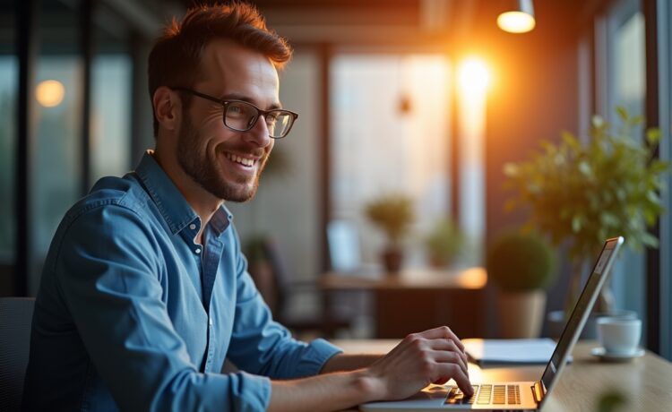 Ein hell erleuchteter moderner Büroarbeitsplatz, auf dem ein konzentrierter IT-Spezialist mit warmem Lächeln am Laptop sitzt, umgeben von sanftem Tageslicht und dezent sichtbarer Serverhardware im Hintergrund, die die Dringlichkeit der digitalen Sicherheit in einer freundlichen, vertrauensvollen Atmosphäre vermittelt.