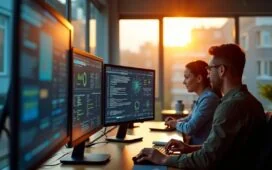 Ein warm beleuchtetes, modernes Büro mit konzentrierten IT-Experten, die gemeinsam an Bildschirmen mit komplexen Daten und Netzwerkdiagrammen arbeiten, während sanftes Tageslicht durch große Fenster fällt und eine Atmosphäre von Vertrauen und digitaler Sicherheit schafft.