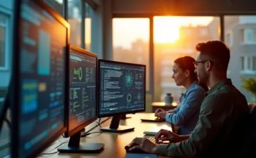 Ein warm beleuchtetes, modernes Büro mit konzentrierten IT-Experten, die gemeinsam an Bildschirmen mit komplexen Daten und Netzwerkdiagrammen arbeiten, während sanftes Tageslicht durch große Fenster fällt und eine Atmosphäre von Vertrauen und digitaler Sicherheit schafft.