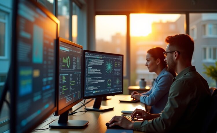 Ein warm beleuchtetes, modernes Büro mit konzentrierten IT-Experten, die gemeinsam an Bildschirmen mit komplexen Daten und Netzwerkdiagrammen arbeiten, während sanftes Tageslicht durch große Fenster fällt und eine Atmosphäre von Vertrauen und digitaler Sicherheit schafft.