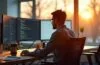In einem hell erleuchteten, modernen Büro sitzt ein konzentrierter Entwickler vor zwei großen Bildschirmen mit offenem Code und Diagrammen, während warmes Tageslicht sanft durch große Fenster fällt und eine Atmosphäre von Achtsamkeit und verantwortungsvoller IT-Sicherheit vermittelt.