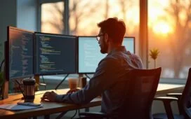 In einem hell erleuchteten, modernen Büro sitzt ein konzentrierter Entwickler vor zwei großen Bildschirmen mit offenem Code und Diagrammen, während warmes Tageslicht sanft durch große Fenster fällt und eine Atmosphäre von Achtsamkeit und verantwortungsvoller IT-Sicherheit vermittelt.