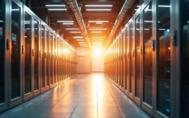 Ein hell erleuchteter, moderner Serverraum mit klar erkennbaren Flüssigkühlleitungen und glänzenden Metallflächen, durchflutet von warmem Sonnenlicht, das eine Atmosphäre von technischer Präzision und nachhaltiger Innovation schafft.