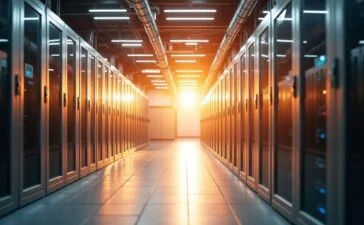 Ein hell erleuchteter, moderner Serverraum mit klar erkennbaren Flüssigkühlleitungen und glänzenden Metallflächen, durchflutet von warmem Sonnenlicht, das eine Atmosphäre von technischer Präzision und nachhaltiger Innovation schafft.