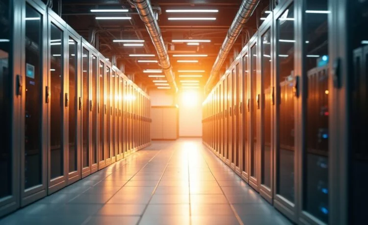 Ein hell erleuchteter, moderner Serverraum mit klar erkennbaren Flüssigkühlleitungen und glänzenden Metallflächen, durchflutet von warmem Sonnenlicht, das eine Atmosphäre von technischer Präzision und nachhaltiger Innovation schafft.
