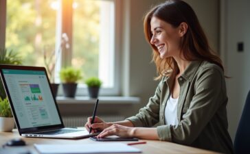 Ein hell erleuchteter, moderner Arbeitsplatz mit einem aufgeräumten Schreibtisch, Laptop und Tablet, auf denen eine klar strukturierte Website-Navigation zu sehen ist, während eine Person mit offenem, freundlichem Lächeln konzentriert und entspannt an der Optimierung der Nutzerführung arbeitet – eingefangen in natürlichem Tageslicht mit warmer Farbgebung und cineastischer Tiefenschärfe.