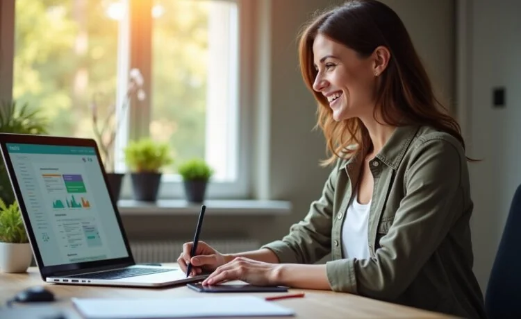 Ein hell erleuchteter, moderner Arbeitsplatz mit einem aufgeräumten Schreibtisch, Laptop und Tablet, auf denen eine klar strukturierte Website-Navigation zu sehen ist, während eine Person mit offenem, freundlichem Lächeln konzentriert und entspannt an der Optimierung der Nutzerführung arbeitet – eingefangen in natürlichem Tageslicht mit warmer Farbgebung und cineastischer Tiefenschärfe.