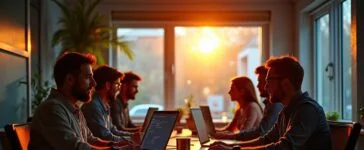 Eine sonnendurchflutete, moderne Arbeitsumgebung mit einem entspannten Entwicklerteam vor hellen Bildschirmen, die konzentriert nebenläufige Programmierkonzepte in Echtzeit umsetzen – warmes Licht betont die freundliche Atmosphäre und den fließenden, dynamischen Workflow.
