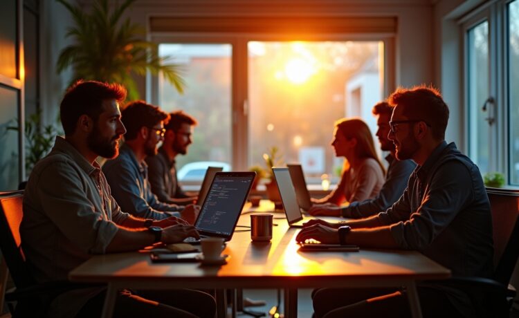 Eine sonnendurchflutete, moderne Arbeitsumgebung mit einem entspannten Entwicklerteam vor hellen Bildschirmen, die konzentriert nebenläufige Programmierkonzepte in Echtzeit umsetzen – warmes Licht betont die freundliche Atmosphäre und den fließenden, dynamischen Workflow.