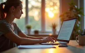 Ein helles, einladendes Büro mit warmem Tageslicht, in dem eine Person entspannt an einem modernen Laptop arbeitet und konzentriert Text bearbeitet, während im Hintergrund verschwommene Details eines kreativen, kollaborativen Arbeitsumfelds sanfte Produktivität und Fortschritt symbolisieren.