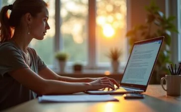 Ein helles, einladendes Büro mit warmem Tageslicht, in dem eine Person entspannt an einem modernen Laptop arbeitet und konzentriert Text bearbeitet, während im Hintergrund verschwommene Details eines kreativen, kollaborativen Arbeitsumfelds sanfte Produktivität und Fortschritt symbolisieren.