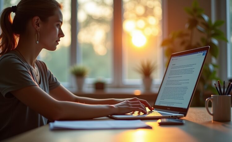 Ein helles, einladendes Büro mit warmem Tageslicht, in dem eine Person entspannt an einem modernen Laptop arbeitet und konzentriert Text bearbeitet, während im Hintergrund verschwommene Details eines kreativen, kollaborativen Arbeitsumfelds sanfte Produktivität und Fortschritt symbolisieren.