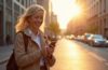 Eine strahlend helle, moderne Straßenszene am Tag zeigt eine entspannte Person mittleren Alters, die lächelnd auf ihr Smartphone blickt, während warmes Sonnenlicht sanft ihr Gesicht beleuchtet und im Hintergrund gedämpfte Stadtarchitektur mit klaren Linien und lebendiger Atmosphäre die Sicherheit und Vertrauen in die neuen Mobilfunk-Schutzfunktionen der Telekom symbolisiert.