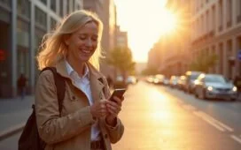Eine strahlend helle, moderne Straßenszene am Tag zeigt eine entspannte Person mittleren Alters, die lächelnd auf ihr Smartphone blickt, während warmes Sonnenlicht sanft ihr Gesicht beleuchtet und im Hintergrund gedämpfte Stadtarchitektur mit klaren Linien und lebendiger Atmosphäre die Sicherheit und Vertrauen in die neuen Mobilfunk-Schutzfunktionen der Telekom symbolisiert.