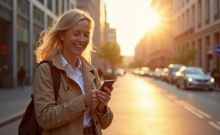 Eine strahlend helle, moderne Straßenszene am Tag zeigt eine entspannte Person mittleren Alters, die lächelnd auf ihr Smartphone blickt, während warmes Sonnenlicht sanft ihr Gesicht beleuchtet und im Hintergrund gedämpfte Stadtarchitektur mit klaren Linien und lebendiger Atmosphäre die Sicherheit und Vertrauen in die neuen Mobilfunk-Schutzfunktionen der Telekom symbolisiert.