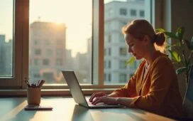 Eine helle, freundlich wirkende Büro-Szene mit einer entspannten Frau mittleren Alters, die konzentriert an ihrem Laptop sitzt und sorgsam eine E-Mail prüft, umgeben von warmem Tageslicht, das durch das Fenster auf einen klar strukturierten Arbeitsplatz mit Smartphone und Notizblock fällt, während im Hintergrund ein modernes Stadtbild die digitale Vernetzung symbolisiert.