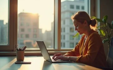 Eine helle, freundlich wirkende Büro-Szene mit einer entspannten Frau mittleren Alters, die konzentriert an ihrem Laptop sitzt und sorgsam eine E-Mail prüft, umgeben von warmem Tageslicht, das durch das Fenster auf einen klar strukturierten Arbeitsplatz mit Smartphone und Notizblock fällt, während im Hintergrund ein modernes Stadtbild die digitale Vernetzung symbolisiert.