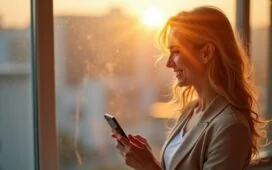 Ein strahlend helles, natürlich beleuchtetes Porträt einer entspannt lächelnden Person, die mit einem modernen Android-Smartphone in der Hand sorglos einen sonnendurchfluteten Raum betritt – eine visuelle Metapher für Sicherheit, Vertrauen und den Schutz digitaler Privatsphäre durch das neueste Update.
