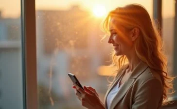 Ein strahlend helles, natürlich beleuchtetes Porträt einer entspannt lächelnden Person, die mit einem modernen Android-Smartphone in der Hand sorglos einen sonnendurchfluteten Raum betritt – eine visuelle Metapher für Sicherheit, Vertrauen und den Schutz digitaler Privatsphäre durch das neueste Update.